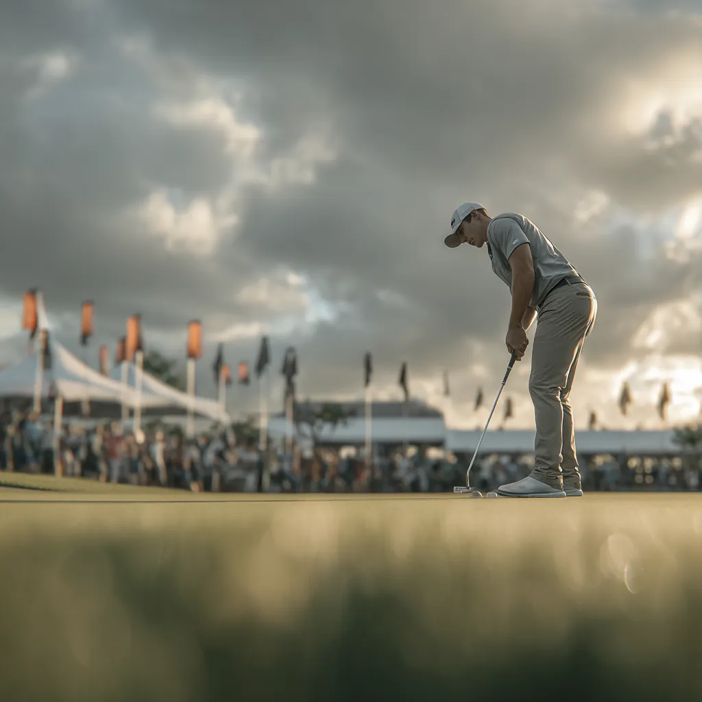 Young golfer lining up a putt under tournament pressure with crowds watching